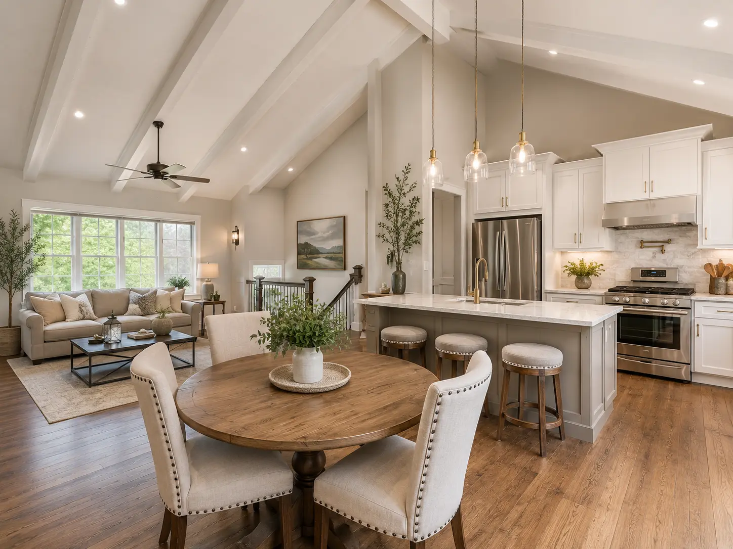 Architectural rendering of the open-concept kitchen, dining and living level beneath vaulted beamed ceilings at 4 Old Neversink